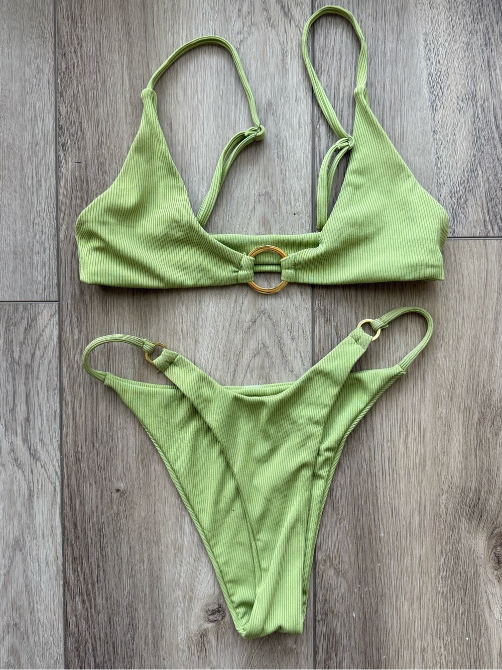 SHEIN Green Ribbed Bikini with Gold Ring Detail